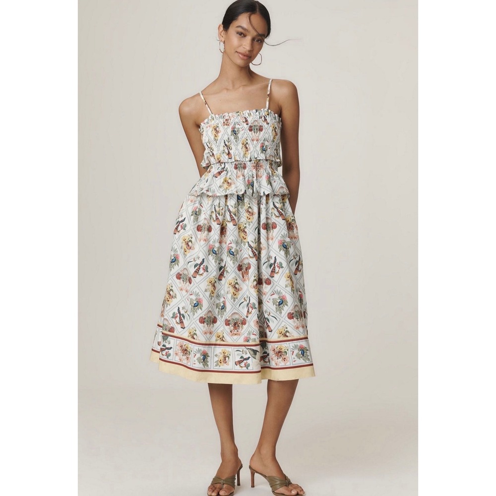 Anthropologie Midi Dress Smocked Peplum Tropical Bird Floral Tiger Multi Medium